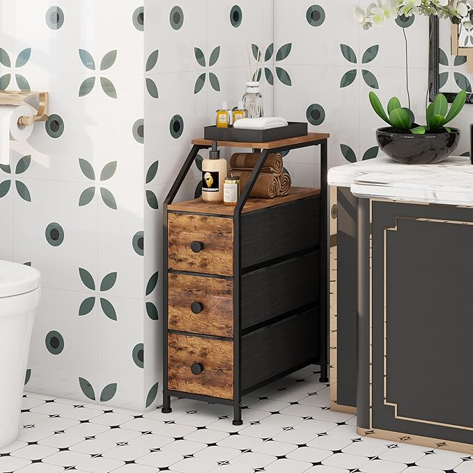 Tohomeor Narrow Dresser Tall Skinny Storage Tower Vertical Slim Chest of Drawers with Charging Station Small Nightstand Side Table for Bedroom, Bathroom, Small Spaces (Rustic Brown, 3 Drawers)