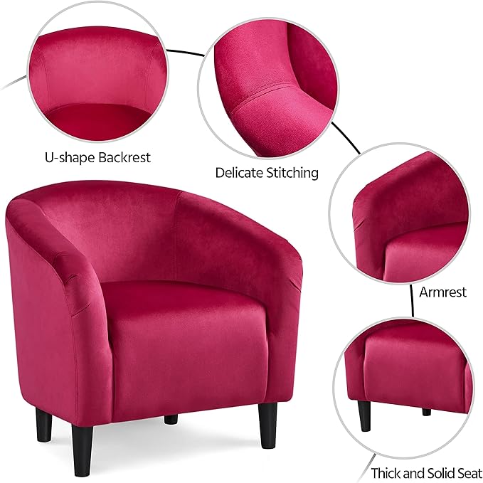 Yaheetech Club Chair, Velvet Accent Chair Upholstered Barrel Chair Sitting Chair with Armrest and Low Back for Living Room Bedroom, Rose Red