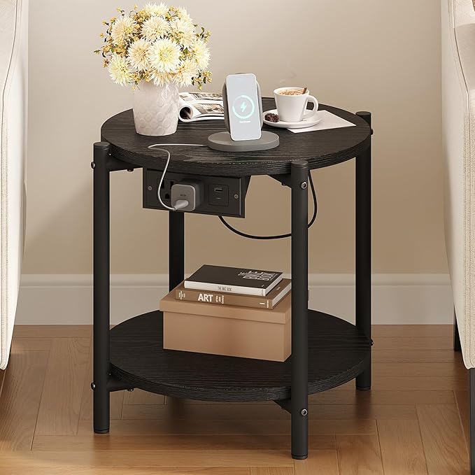 LIKIMIO 15.8" W Small Round Side Table with Charging Station, 2-Tier End Table with Lower Shelf, Wooden Nightstand for Small Spaces, Living Room, Bedroom, Black