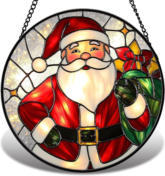 Christmas Stained Glass Window Hanging Sun Catcher, Santa Claus Suncatcher for Window Ornament, Festive Wall Art Decor Christmas Xmas Gift for Women, Men (Red Santa, 6.3'')