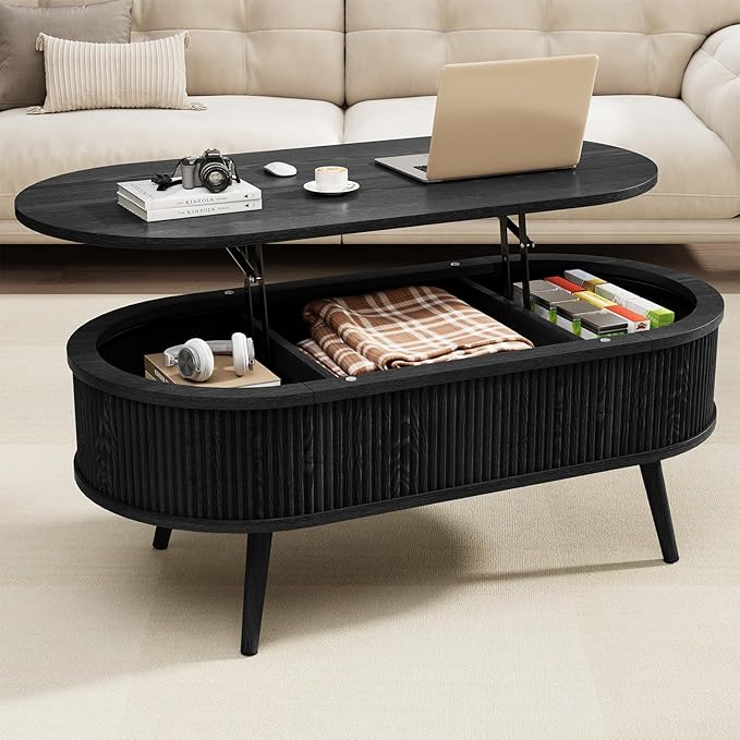 Mid Century Oval Coffee Table, Fluted Center Table with Lift Top, Modern Dining Table with Storage for Living Room Home Office, 39.4", Black