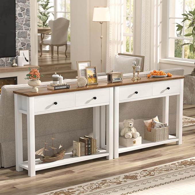 Homieasy Farmhouse Console Table with 2 Drawers, 32 Inch Small Sofa Table with Storage Shelf for Living Room, Behind Couch, Entryway Table for Hallway, Living Room, or Foyer, Rustic Brown and White