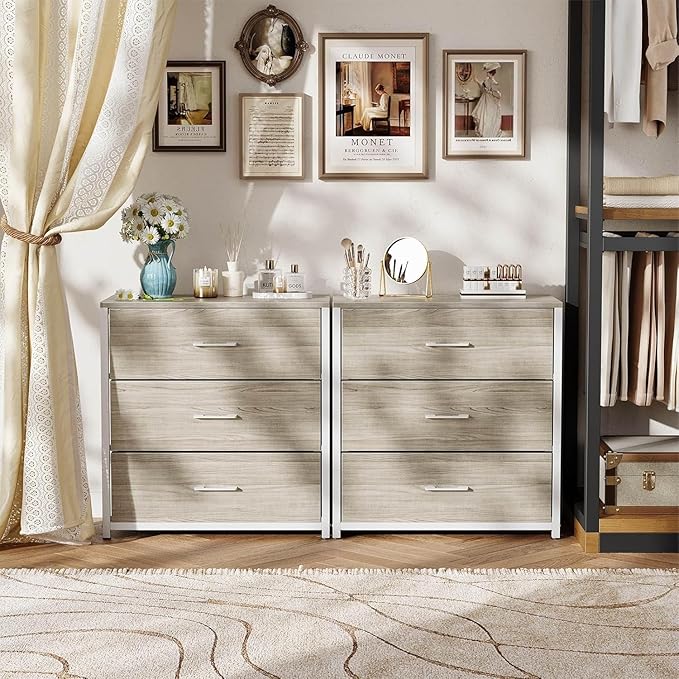 Nightstand, End Table, Bedside Table, Tall Fabric Dresser with 3 Drawer, White Drawers Small Chests of Drawers Organizer Storage Tower with Steel Frame, Wooden Top & Front for Bedroom