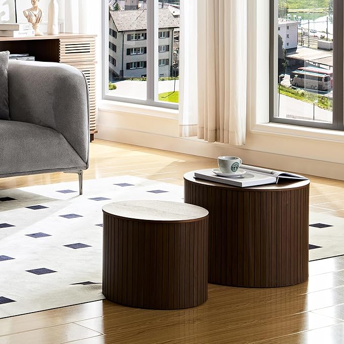 Small Nesting Round Coffee Table Set of 2, Modern Wooden Circle Accent End Side Table for Living Room, Bedroom, No Assembly Required, Brown