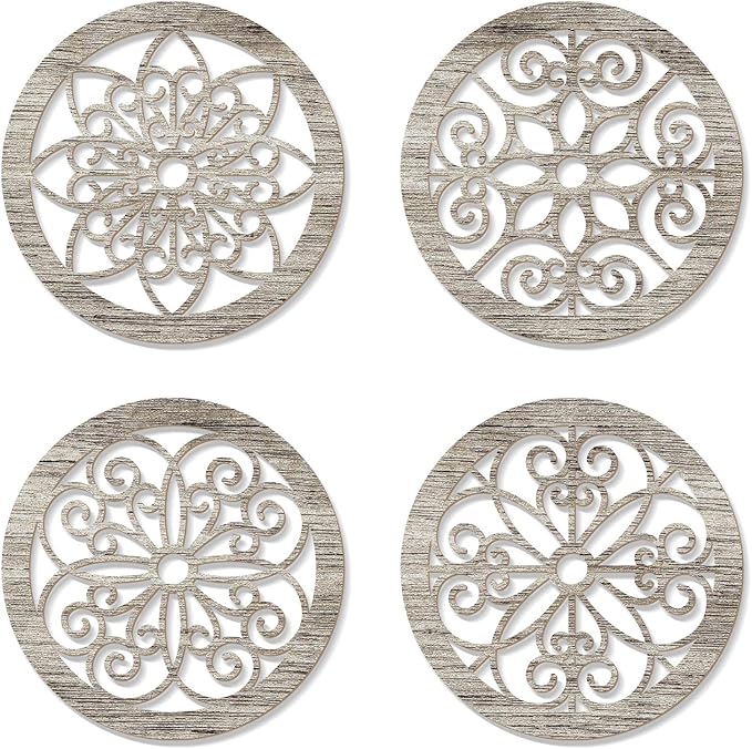 Zzbakress 4 Pieces Farmhouse Wall Decor Rustic Circle Wall Decor Wooden Hollow Carved Round Wall Art for Living Room Bedroom Kitchen Bathroom Home Wall Decoration (Elegant, Retro)