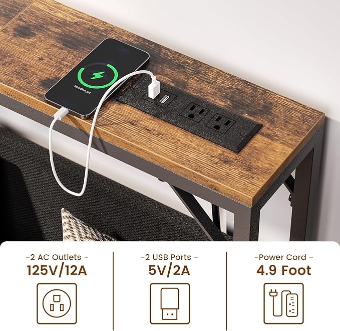 47.2'' Skinny Console Table with Charging Station and Storage, Narrow Sofa Table with Power Outlets and USB Ports, Behind Couch Table, for Living Room, Foyer, Entryway, Hallway, Rustic Brown