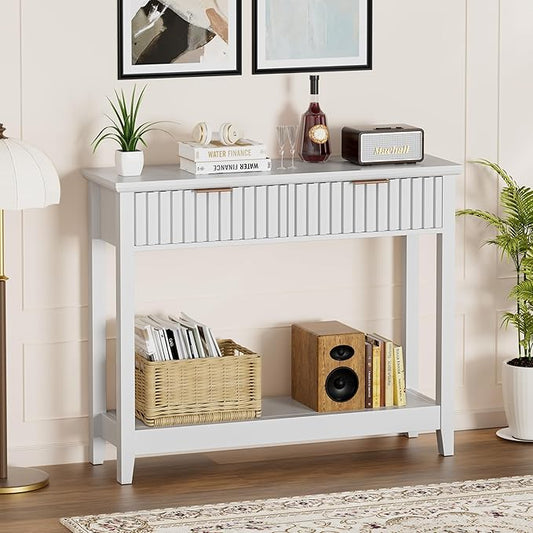 39 inch Entryway Table with Storage, Narrow Console Table with 2 Drawers, Modern Sofa Table with Open Storage Shelf for Living Room, Foyer Hallway, White