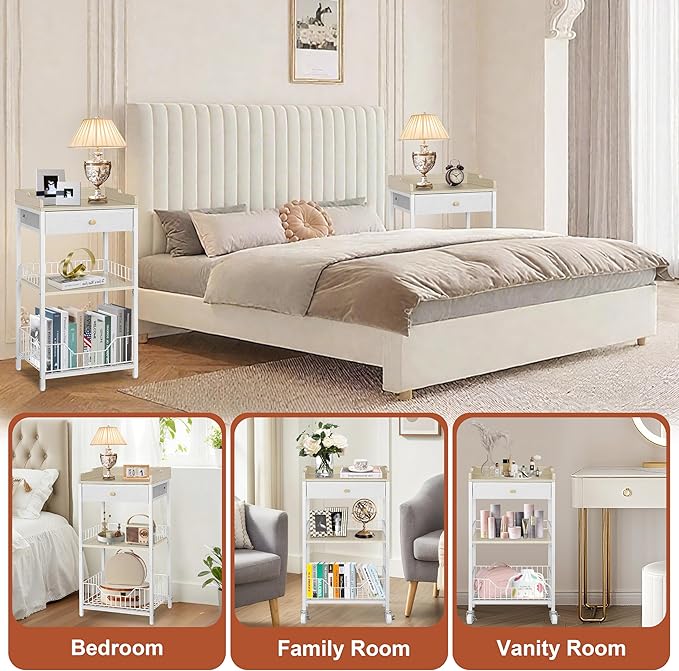 Small Side Table Stand with Storage Drawer, 4-Tier Narrow End Tables for Small Spaces, Skinny Nightstand for Living Room, Bedroom, Vanity Room, Office and Dorm Room, White&Natural