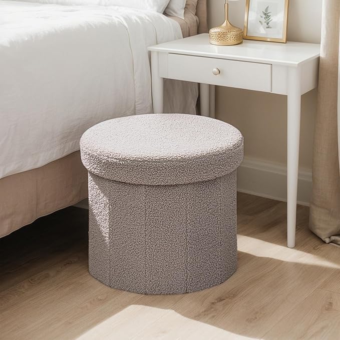 15 Inchs Round Storage Ottoman, Small Foldable Foot Stool with Hidden Storage for Living Room, Bedroom - Compact Organizer for Small Spaces,Grey