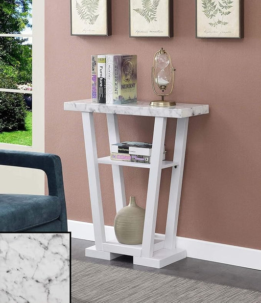 Convenience Concepts Newport V Console Table 31.5" - Modern Sofa Table with Storage Shelves, Narrow Entryway Hall Table for Living Room, Display Accent Table, White Faux Marble/White