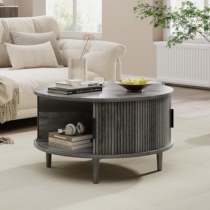 Mid Century Round Coffee Table, Fluted Center Table with Sliding Door, Modern Dining Table with Storage for Home Living Room Office, 31.5", Gray