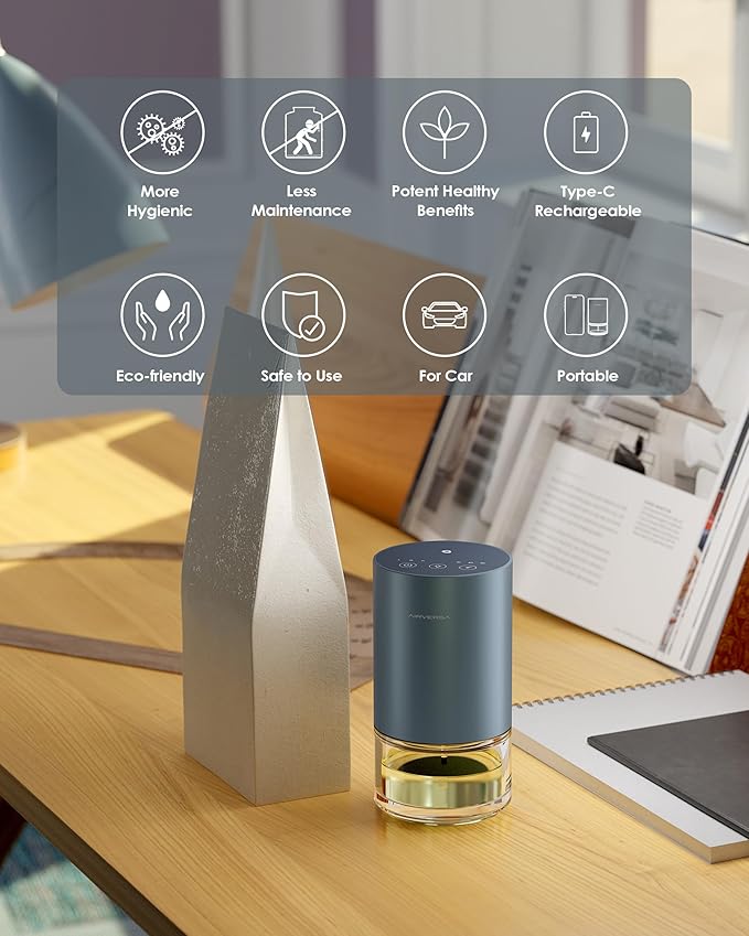 Airversa Essential Oil Diffuser Waterless Aromatherapy Diffusers for Home Large Room, Bedroom, Car, Office, Desk, Battery Operated, Small Diffuser for Pure Scent, 100mL Capacity, AN9 (Grey)