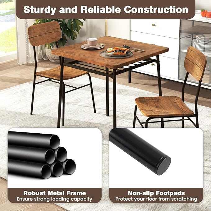 Tangkula Square Dining Table Set for 2, Compact Metal Frame Kitchen Table & Chairs with Built-in Storage Rack, Space-Saving Dinette Set for Breakfast Nooks, Studios & Small Spaces