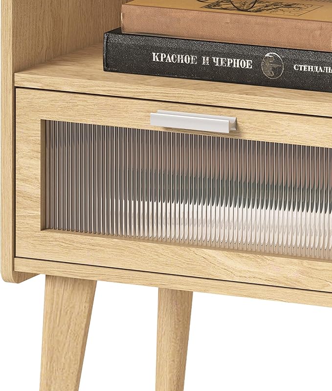 Nightstand with Charging Station, Natural Wood Bedside Tables, Modern End Table, Side Table with 2 Tiers Storage Space for Bedroom Living Room MLBZ07YE-2