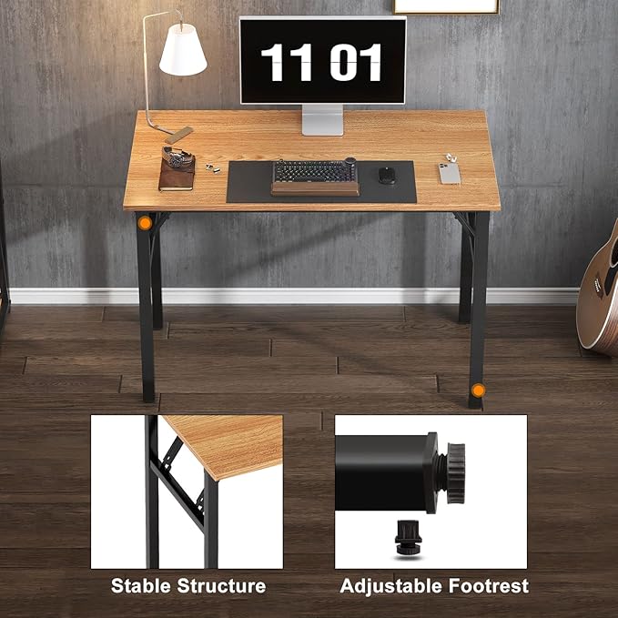 Need Folding Computer Desk - 39.4 Inch Foldable Office Writing Work Study Kids Student Teacher Home Bedroom Table for Small Space, Teak & Black