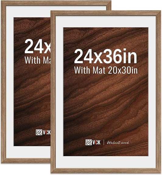VCK 24x36 Poster Frame 2 Pack - Walnut, High-End Wood Picture Frames with Polished Plexiglass, Display 20x30 Photo with Mat or 24x36 without Mat, Art Gallery-Quality, Wall Hanging, Walnut