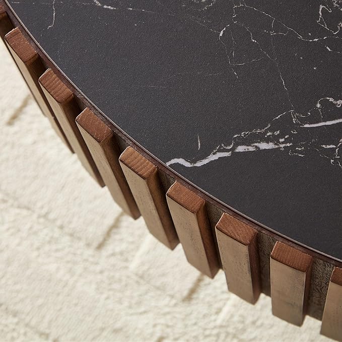 35" Round Coffee Table with Marble Tabletop, Modern Circle Coffee Table, Fluted Luxury Wooden Center Table, Drum Accent Tea Stone End Table for Living Room Apartment Bedroom, Walnut