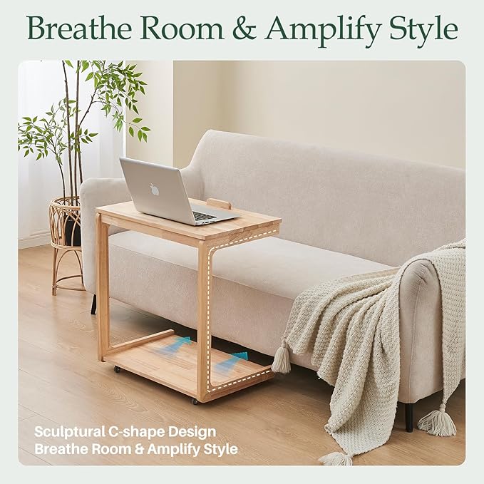 C Shaped Rolling End Table with Wheels - Solid Wood Side Table for Couch, Wooden Modern Tv Tray Bedside Tables for Sofa Armchair Living Room Bedroom, Natural, 15.4 in x 23.6 in x 24.8 in