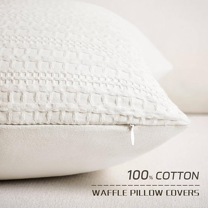 ZeeMart 100% Cotton Waffle Textured Throw Pillow Covers Set of 2, 20x20 Inch Ivory, Soft Farmhouse Decorative Couch Pillow Cases Off White Cushion Covers for Sofa Bed Living Room Home Decor
