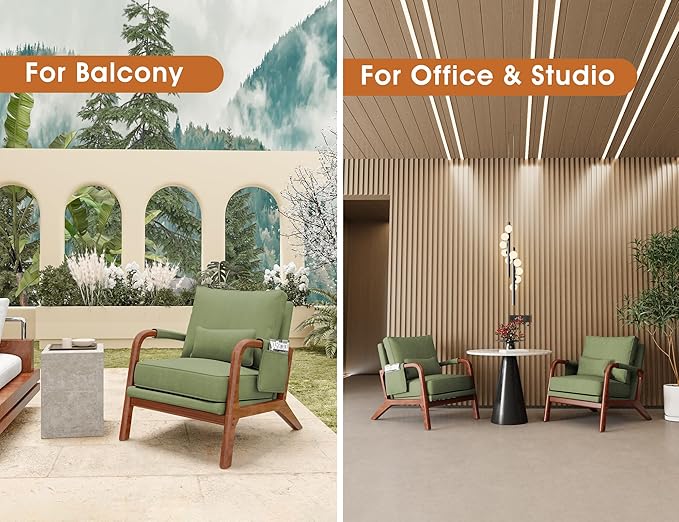 Mid Century Modern Chair Set of 2, Upholstered Lounge Arm Chair with Solid Wood Frame, Comfy Accent Chair for Living Room, Bedroom, Reading, Reception,Green