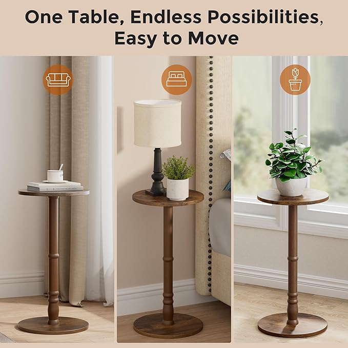 Round Side Tables Set of 2, Solid Wood Pillar with Wood Top & Base, Small Drink Accent Table for Living Room, Bedroom, Sofa & Office, Easy Assembly, Rustic Brown