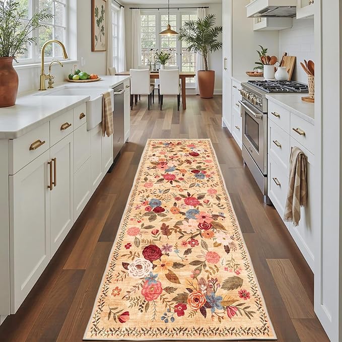 Rug for Hallways Kitchen Rug 2x8, Non Slip Washable Rugs with Rubber Backing Soft Floral Carpet Runner for Hallways, Kitchen, Laundry, Bedroom, Bathroom(2 x 8, Yellow Lawn)