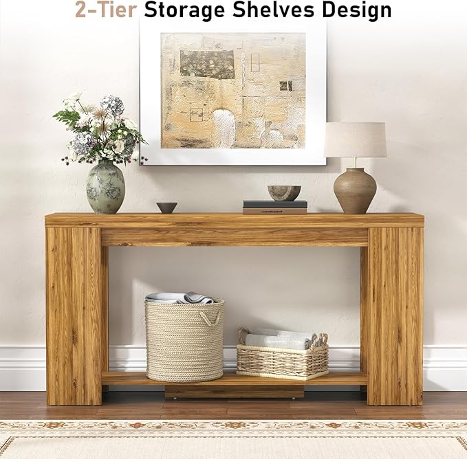Extra Long Console Table with Storage, Farmhouse Wood Entryway Table with Thickened Base, Narrow Entryway Accent Table for Living Room, Hallway, Entrance, Walnut