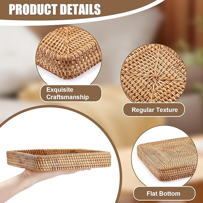 BTSKY Small Remote Basket for Coffee Table Entryway Living Room Rattan Serving Tray 8.1” x 8.1” Handwoven Wicker Baskets Decorative Tray for Wallet Remote Control Trinkets Rings Cosmetics Crackers