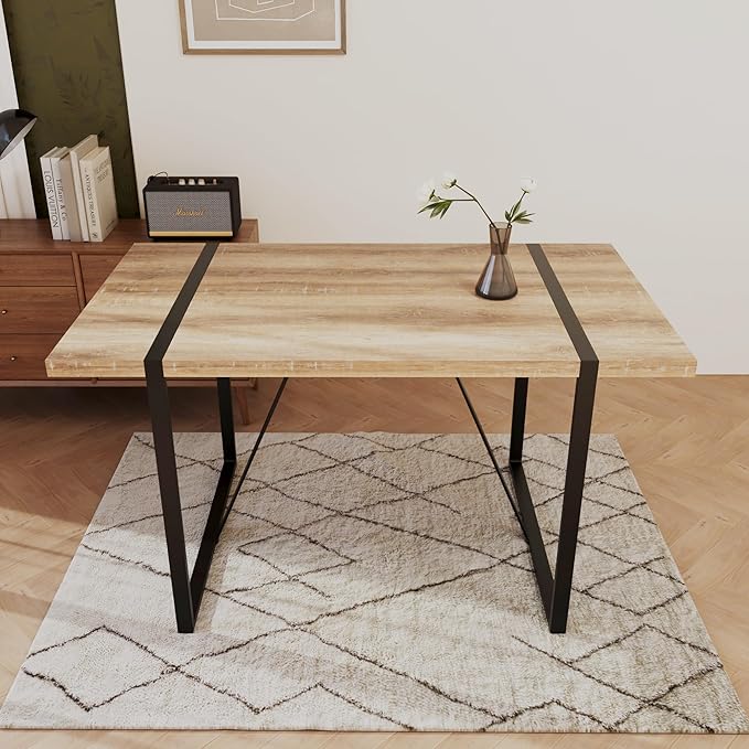 Modern Wooden Dining Table, 55'' Wooden Rectangle Table, Kitchen & Dining Room Table, Modern Kitchen Dining Table with Black Metal Legs for Living Room & Dining Room(Natural Wood, 55 in)