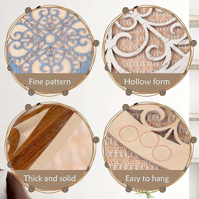 Zzbakress 4 Pieces Farmhouse Wall Decor Rustic Circle Wall Decor Wooden Hollow Carved Round Wall Art for Living Room Bedroom Kitchen Bathroom Home Wall Decoration (Delicate, Colorful)