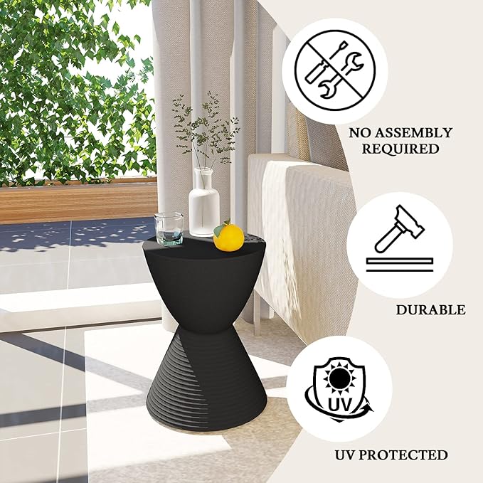 LeisureMod Black Side Table – Modern Hourglass Drum End Table with Storage, Removable Lid – Compact Accent Table for Indoor & Outdoor Use