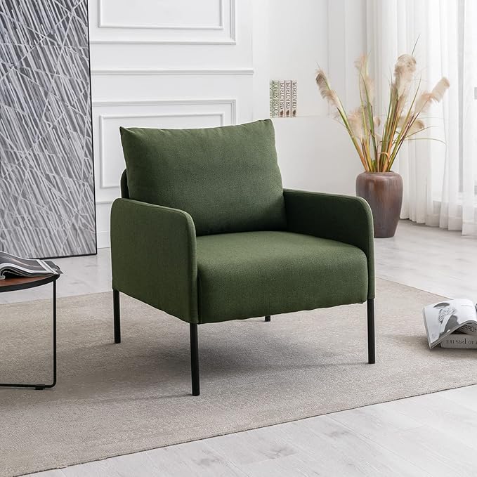 Linen Fabric Living Room Accent Chairs Bedroom Single Sofa Chair, Upholstered Reading Arm Chair Modern Couch w/Comfy Pillow for Waiting Room/Apartment/Dorm, Green
