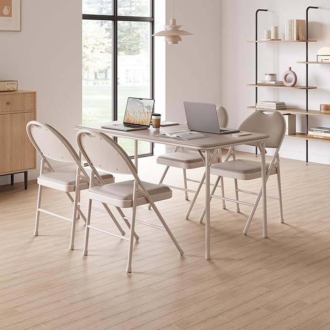 IDEALHOUSE 4 Pack Folding Chairs with PU Leather Padded Cushion, 350lbs Capacity, Lightweight Ergonomic Design, Metal Frame, Indoor Outdoor Portable Stackable Seats for Home Office Party Events，Beige