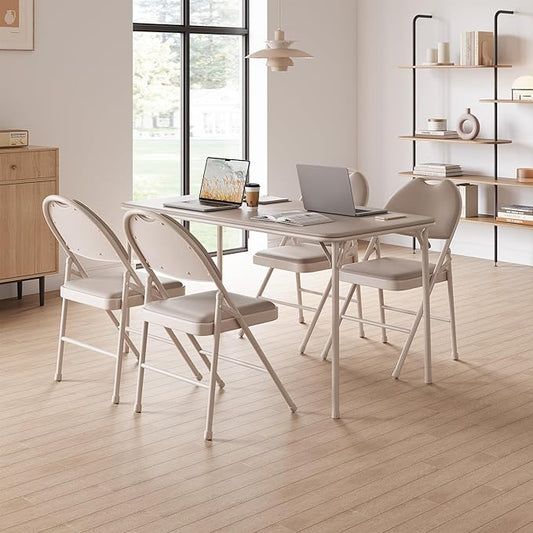 IDEALHOUSE 4 Pack Folding Chairs with PU Leather Padded Cushion, 350lbs Capacity, Lightweight Ergonomic Design, Metal Frame, Indoor Outdoor Portable Stackable Seats for Home Office Party Events，Beige