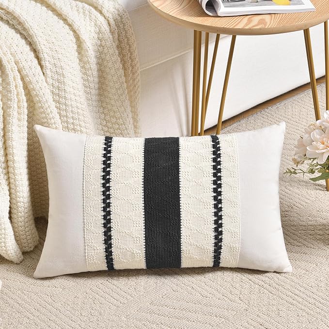 Fancy Homi Set of 2 Boho Black Lumbar Decorative Throw Pillow Cover 12x20 Inch for Couch Bed Sofa Chair, Modern Organic Farmhouse Home Decor, Soft Cotton Cute Accent Rectangle Cushion Case