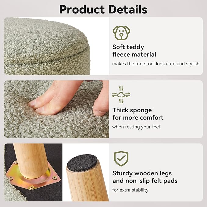 IBUYKE 13 Inch Foot Stool Ottoman with Storage, Round Small Foot Rest with Padded Seat and Wood Legs, Teddy Velvet Mini Footstool for Living Room Couch Bedroom Entryway, Green WBD006GR