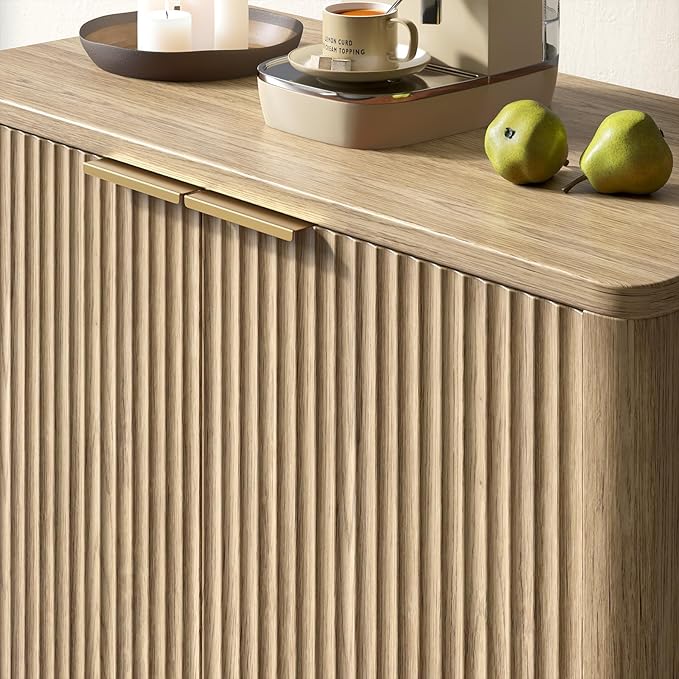 Evermagin 31.5" Oak Buffet Cabinet with Storage, Fluted Sideboard Cabinet with Adjustable Shelves，Boho Credenza, Console Table with 2 Doors for Dining Room, Kitchen, and Living Room