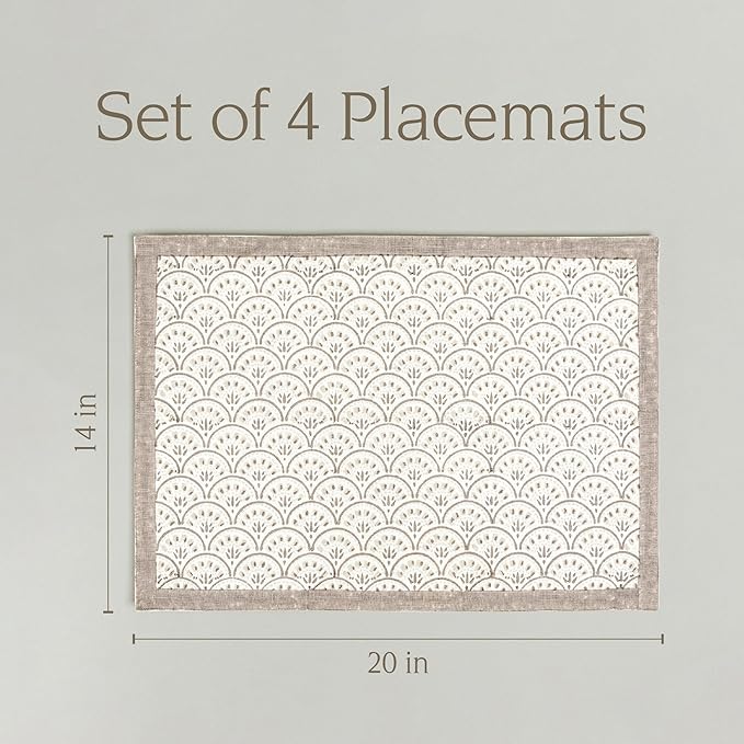over&back Set of 4 Hand-Blocked Placemats - Colorful Dining Table Mat - Each Placemat is Unique - 100% Cotton - Machine Washable - Kitchen and Home Decor - Taupe Arch