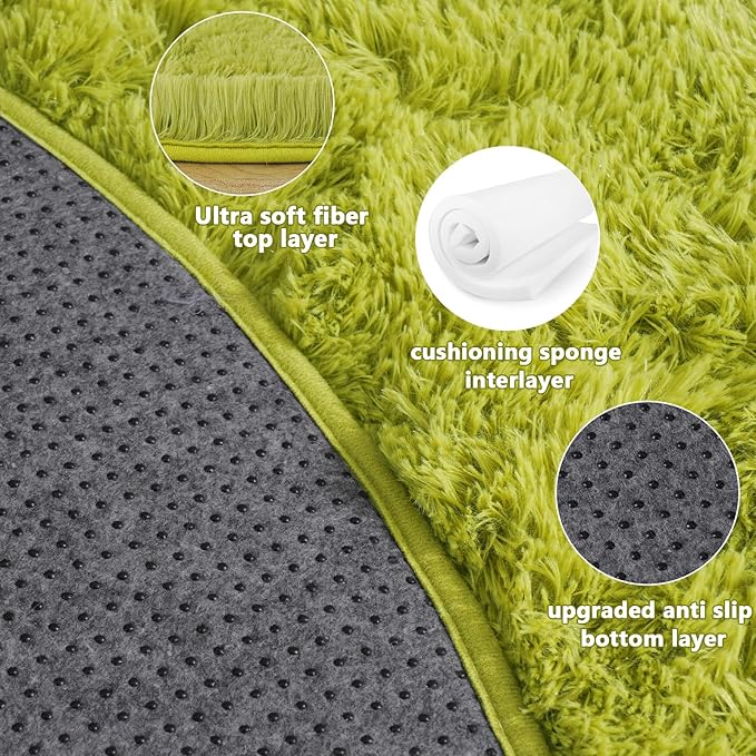 5'x5' Grass Green Round Rug for Bedroom, Ultra Soft Fluffy Circle Rug for Kids Girls Boys Room, Cute Shag Rugs for Living Room Playroom Tent Castle Home Decor Rug