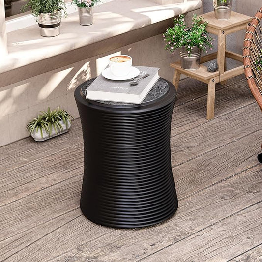 HOMPUS Concrete Outdoor Side Table w Cylindrical Thread Round Coffee Table, Home Decor Plant Stand Outdoor Accent Table Patio Drum End Table for Living Room, Bedroom or Balcony, Black