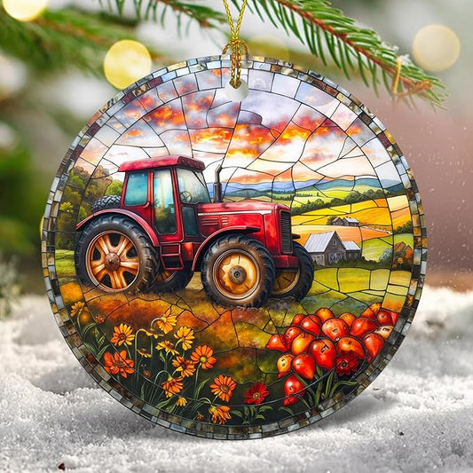 Christmas Tree Decorations Tractor Ornament, Colored Ceramic Christmas Tree Ornaments, Xmas Decorative Hanging Ornaments, Christmas Decor Indoor Home Holiday Party Gifts Tractor