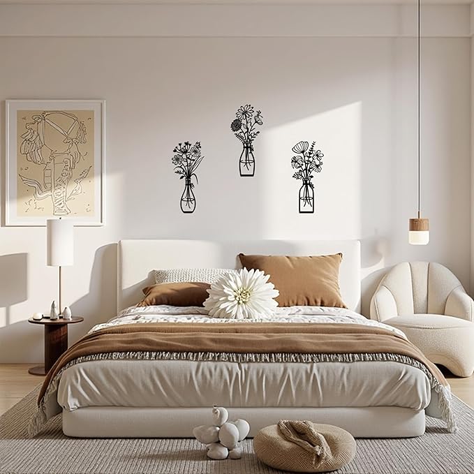 3 Pieces Metal Flowers Wall Art Decor, Farmhouse Minimalist Bathroom Wall Decors Sculptures for Living Room Dining Room Bedroom Housewarming Gifts