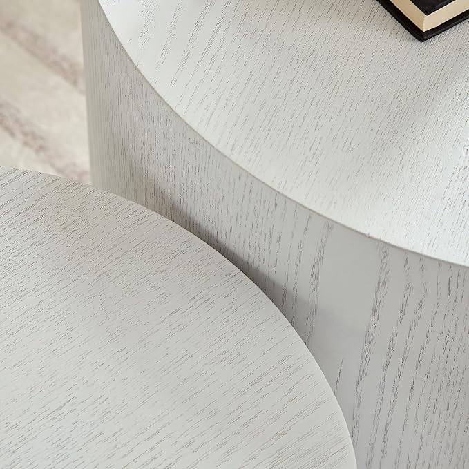 Small Round Nesting Coffee Table Set of 2, Wood Grain Circle Side End Accent Tables for Small Spaces Living Room Bedroom Balcony Office, White
