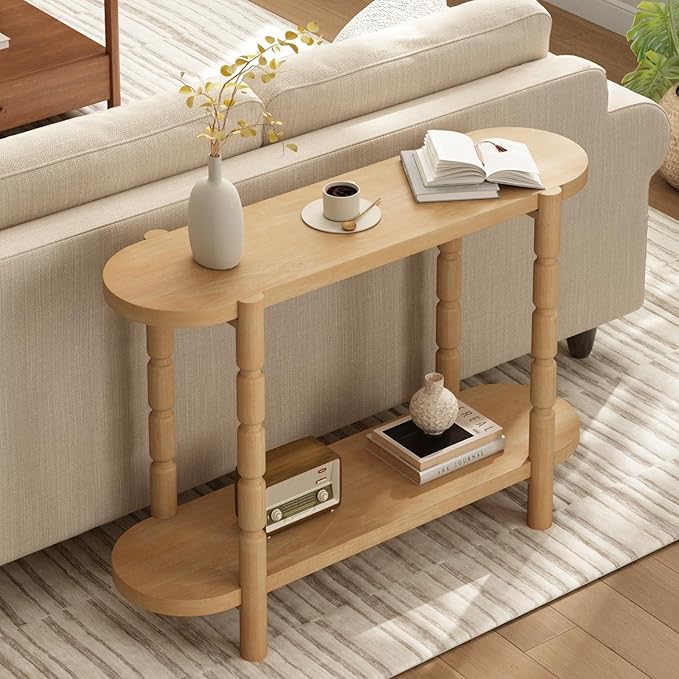 Farmhouse Entryway Table with Storage-43.4" Narrow Console Table with Solid Wood Legs, 2 Tiers Rounded Corners Sofa Tables for Living Room，Hallway, Entrance, Foyer, Natural