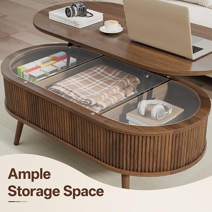 Mid Century Oval Coffee Table, Fluted Center Table with Lift Top, Modern Dining Table with Storage for Living Room Home Office, 39.4", Walnut