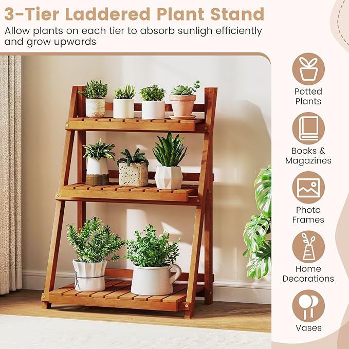 Giantex Foldable Ladder Plant Shelf, 3-Tier Solid Wood Indoor Outdoor Flower Pot Display Rack, Corner Storage Bookshelf, Freestanding Tiered Plant Stand for Garden Patio Balcony, No Assembly