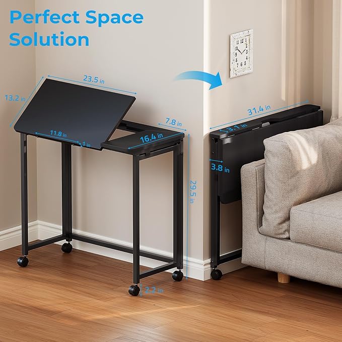 GreenForest Folding Desk with Adjustable Tiltable Desktop 0-90°, 31.5 inch Small Desk with Wheels, Rolling Drafting Table for Laptop, Reading, Writing, Drawing, Work, Black