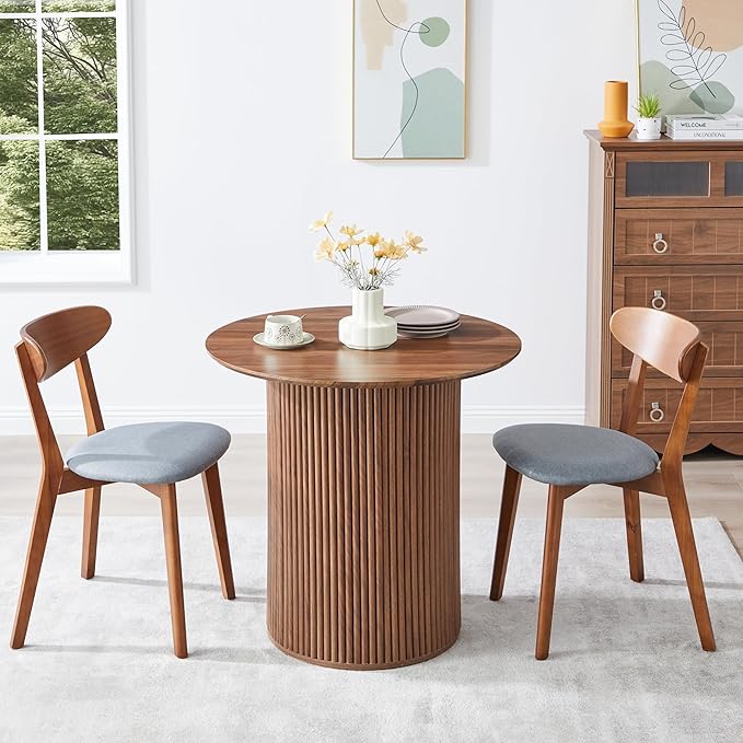 AVZEAR 31.5" Round Dining Table for 2 People, Small Kitchen Dinner Table with Fluted Wood Base, Farmhouse Circle Dining Tables for Home, Kitchen, Dining Room, Living Room (Walnut)