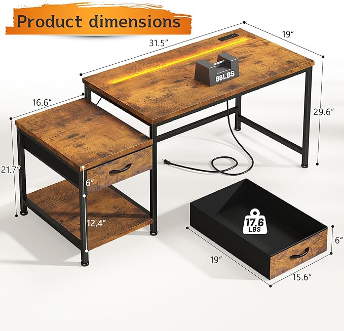 48.1 Small Computer Home Office Desks for Bedroom with Drawer & Printer Shelf,Gaming Desk with LED Lights,Power Outlet & Hook,Reversible Corner Study Desk for Small Space,Carbon