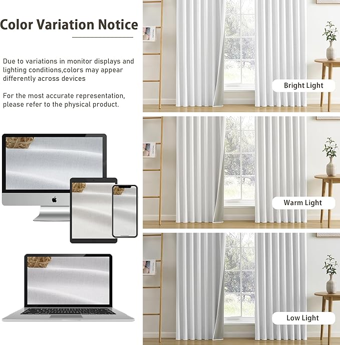 RAIN CITY Snow White Blackout Curtains 100 Inches Long Modern Rustic Textured Back Tab Grey Backing Window Hook Draperies for Bedroom Living Room 2 Panels 50 inch Wide 100 Length